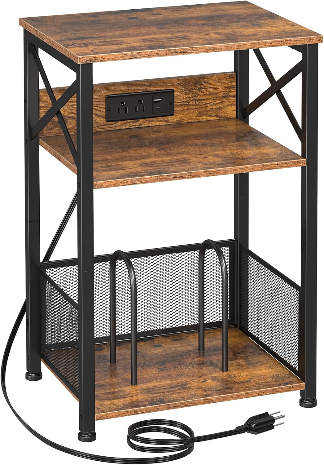 AMHANCIBLE Record Player Stand with Charging Station, Turntable Stand with Storage Cabinet, 3 Tier End Table Hold Up to 100 Albums, Record Stand for Vinyl, Living Room, Rustic Brown, HETCD01BR-1