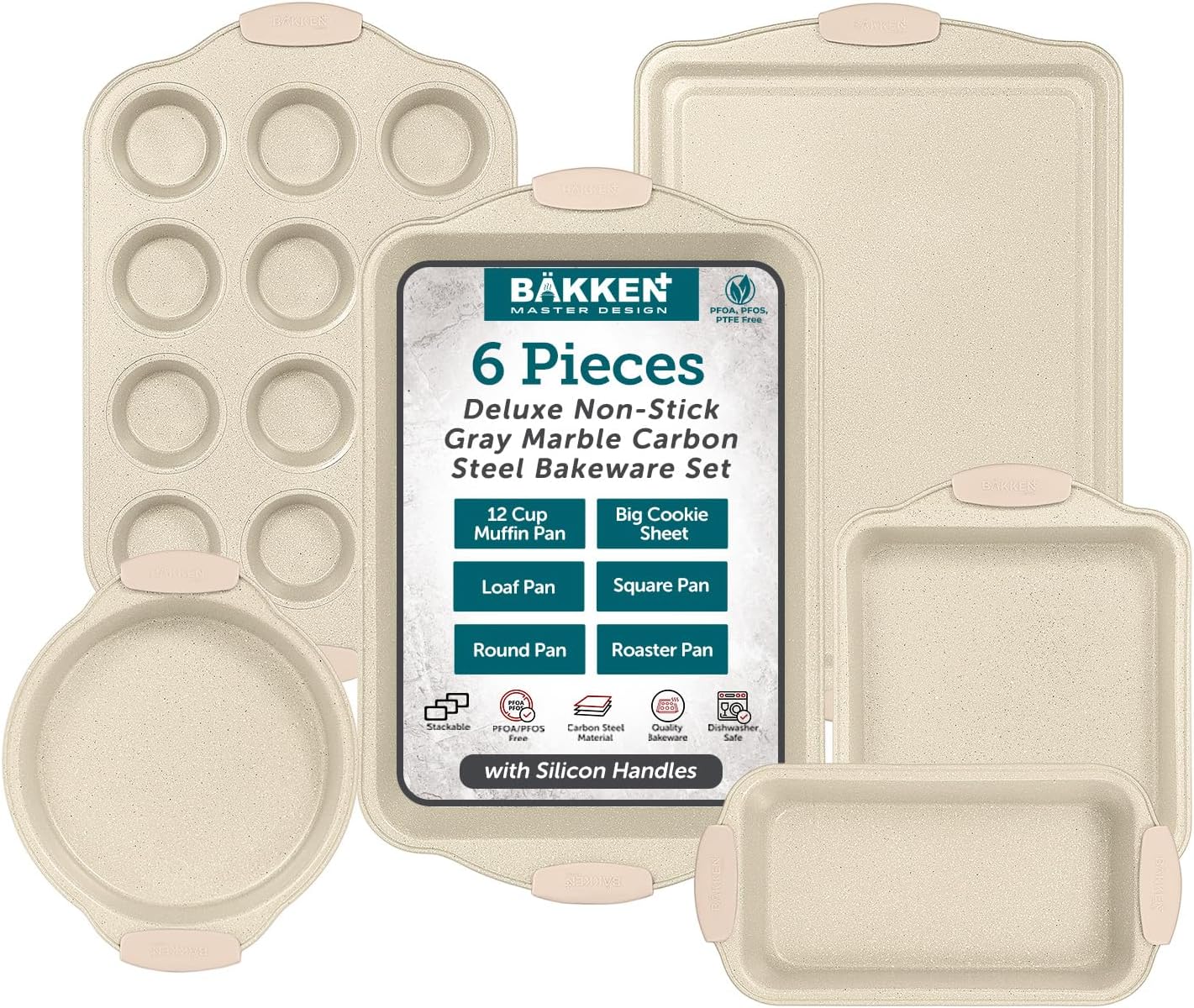 BAKKENMASTER 6-Piece Deluxe Nonstick Baking Pan Set - Professional Grade Carbon Steel Bakeware with White Marble Coating & Silicone Handles