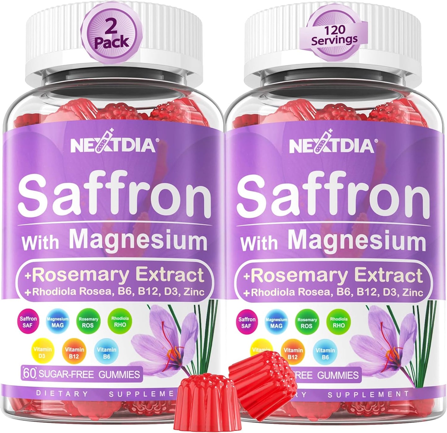 Saffron Supplements Gummies - 4 Months Supply - Saffron Extract 177mg 88.5mg, w\/Magnesium Glycinate 400mg 200mg, Rhodiola Rosea, Rosemary, B6 B12 D3 for Calm, Nerve, Rest, Focus, Sugar-Free, 2 Pack