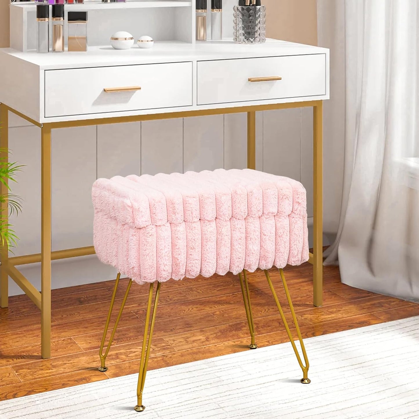 xuperbonus Pink Vanity Stool with Storage Ottoman, Faux Fur Vanity Chair for Makeup Room, Stool for Vanity for Bedroom,Footrest with Metal Legs and as a Coffee Table(Pink)
