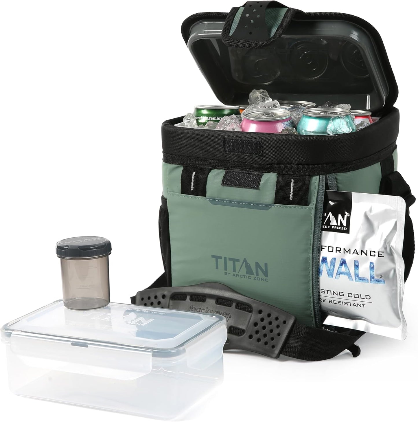 Titan Fridge Cold Zipperless Insulated Lunch Box - With Reusable Gel Ice Packs Plus Food Container Set - Sage Green