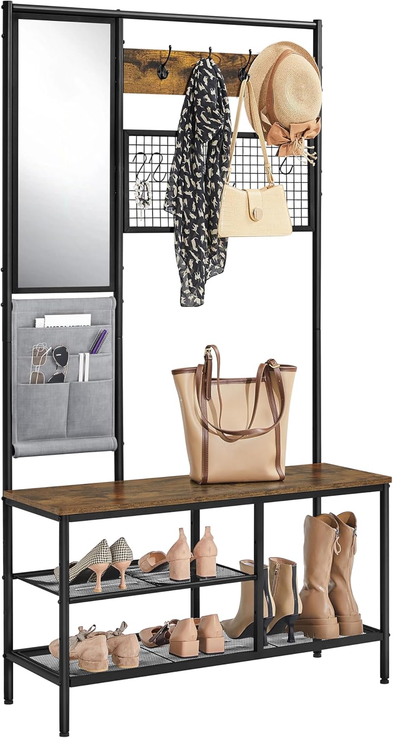 Yaheetech Hall Tree with Shoe Bench, Coat Rack with Mirror & Storage Bag, Entryway Bench with Shoe Storage Shelves, Metal Frame, for Hallway Bedroom Living Room, 6-in-1 Design, Rustic Brown