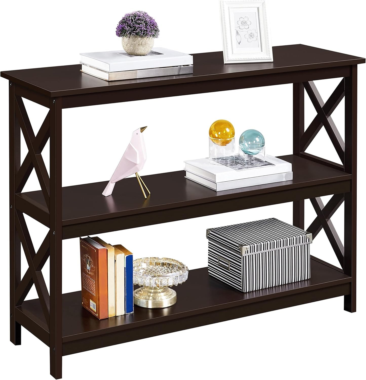 Yaheetech Console Table with 3 Storage Shelves, 3-Tier Entryway Table, Sofa Side Narrow Long Bookshelf for Hallway Living Room, Accent Furniture, Espresso