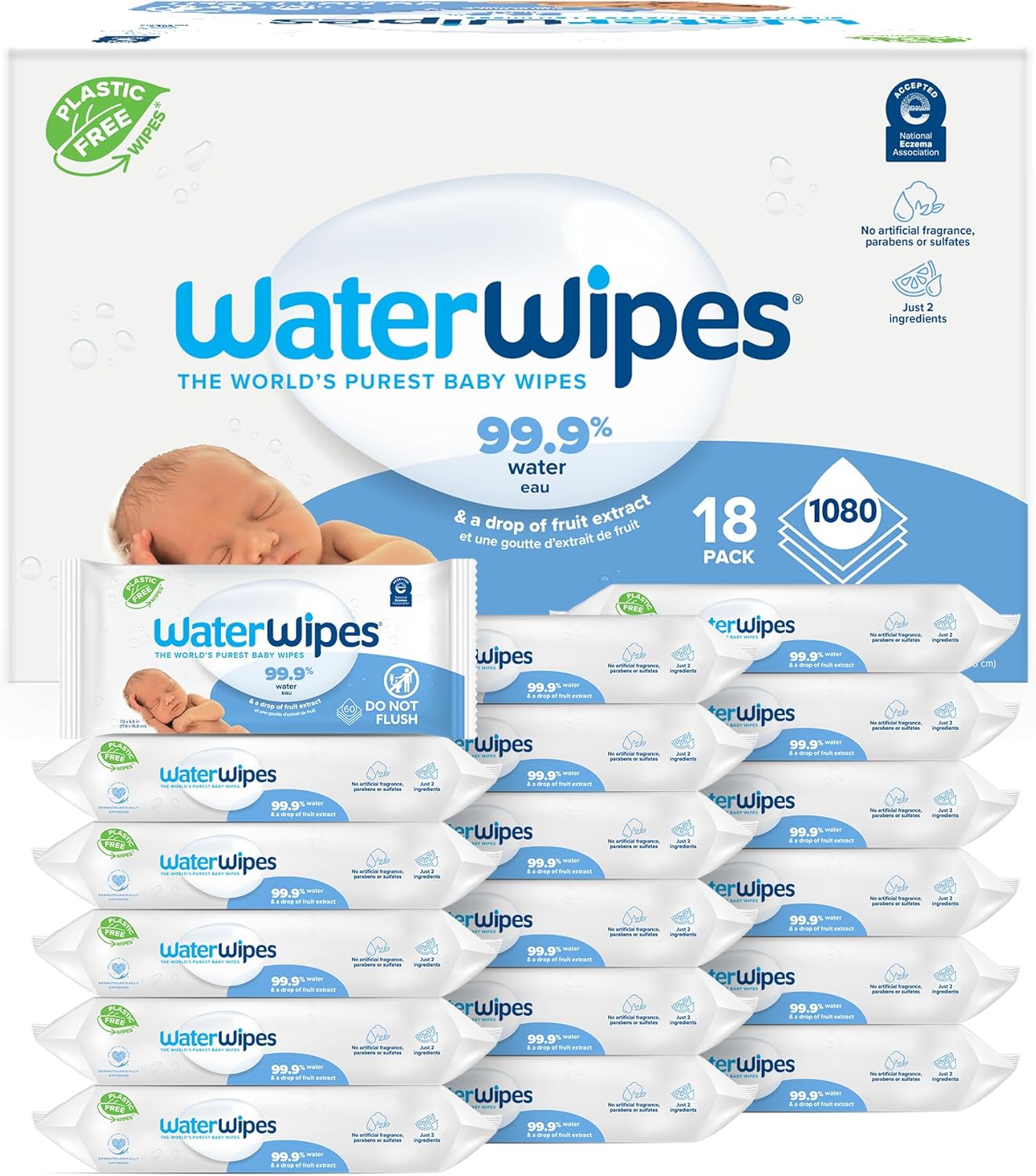 WaterWipes Plastic-Free Original Baby Wipes, 99.9% Water Based Wipes, Unscented & Hypoallergenic for Sensitive Skin, 1080 Count (18 packs)