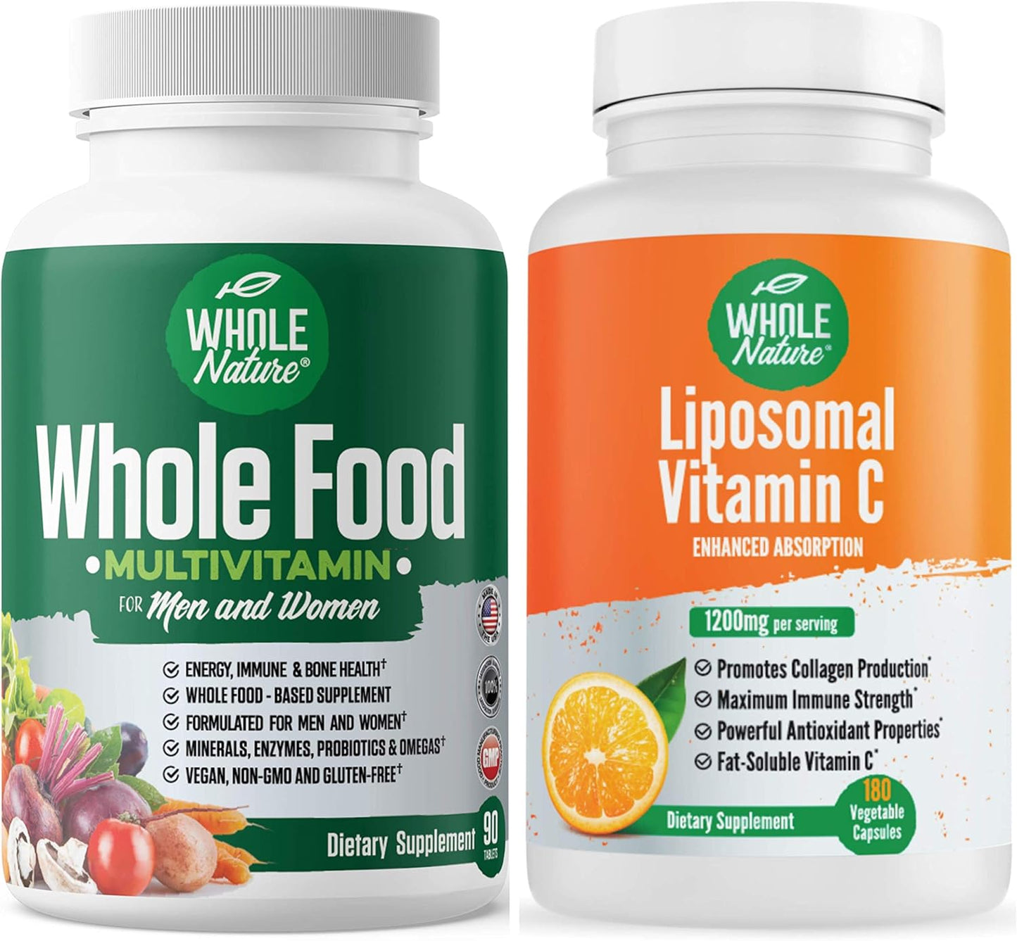 Whole Food Multivitamin for Men and Women Plus Liposomal Vitamin C High Absorption Vegan Capsules