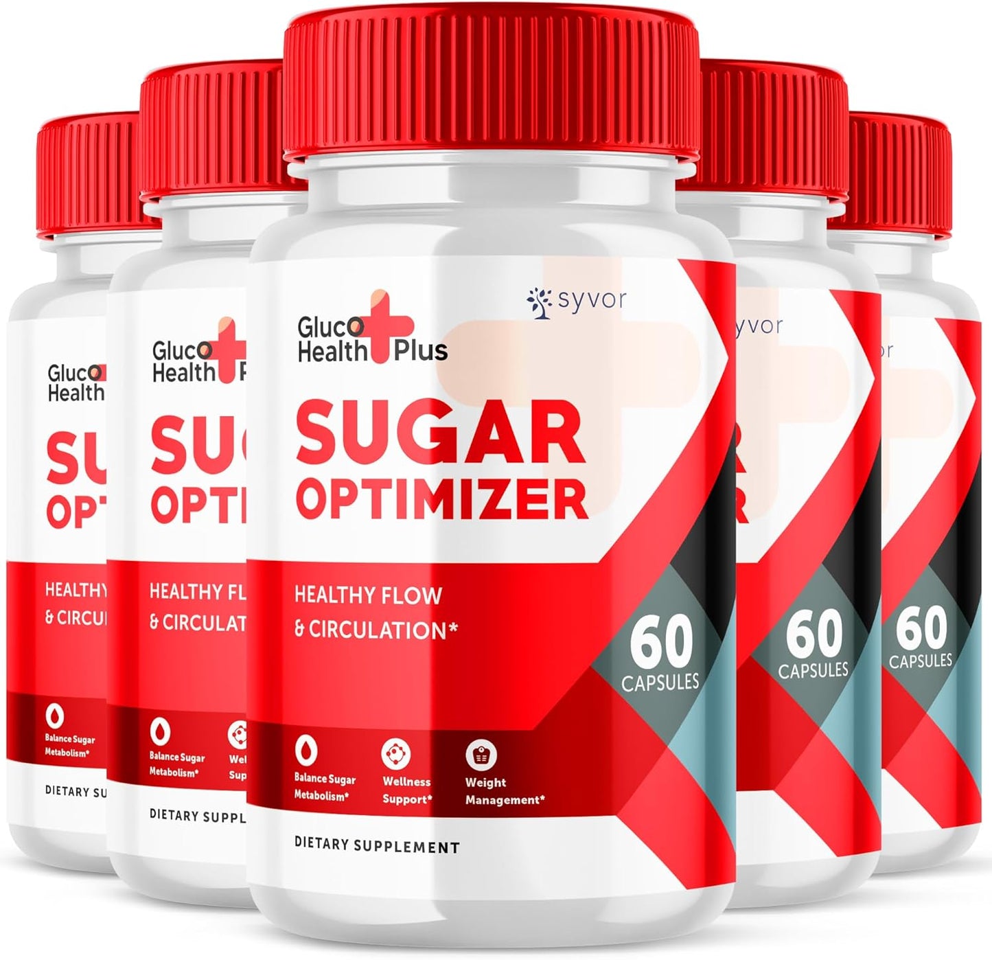 (5 Pack) Gluco Health Plus Capsules - GlucoHealth Plus Sugar Optimizer Pills Advanced Vitamin Supplement - Gluco Health Plus Natural Wellness Support Caps - Once Daily Flow Supplement (300 Capsules)