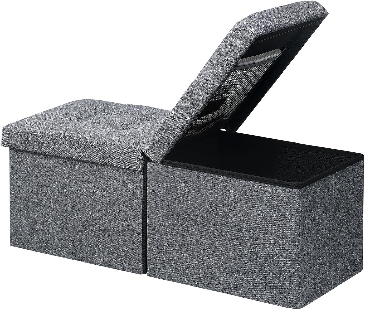 AmasSmile Storage Bench Folding Storage Ottoman Foot Rest Stool, 34 inch Grey Linen Footstool Bench, Short Ottoman Bench, Storage Foot Rest Store as Books, and Blanket Storage or Others