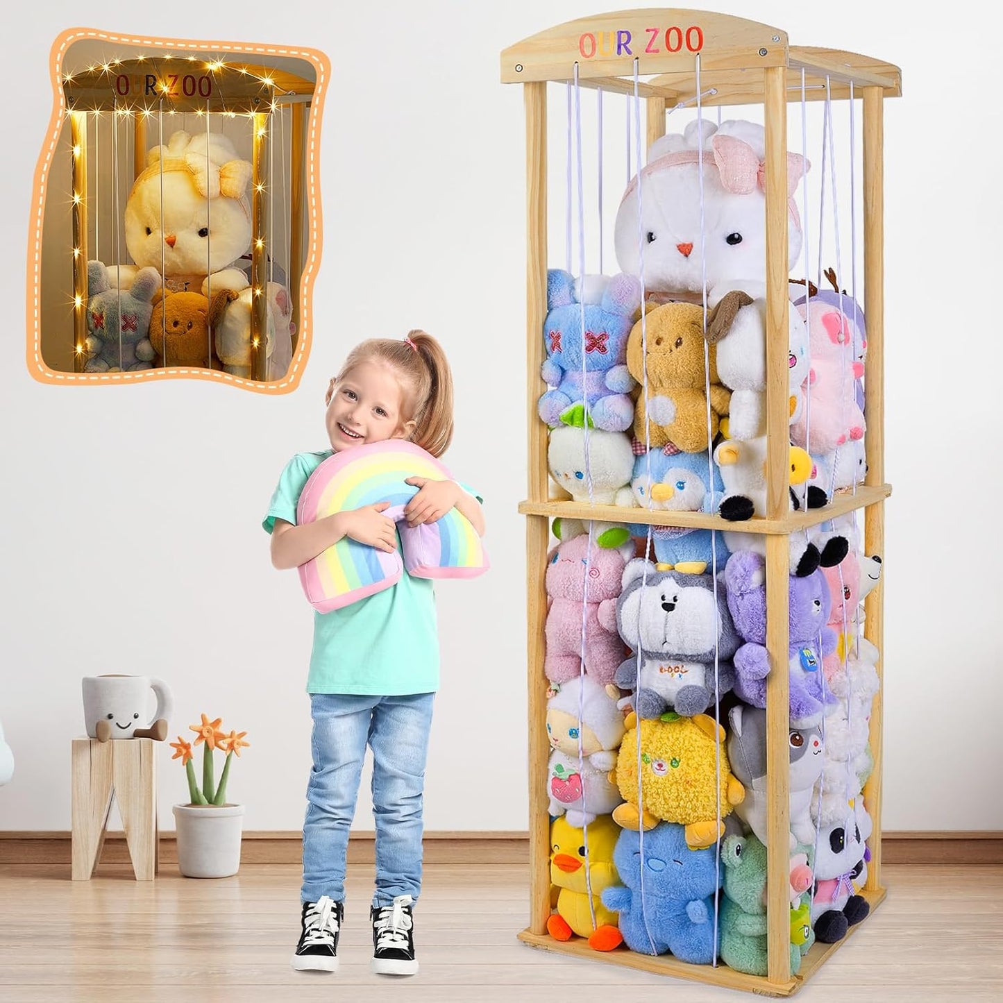Basumee Stuffed Animals Storage Zoo with LED Light Large Wood Kids Toy Storage Organizer Holder for Stuffed Animals Girls Boys Nursery Room Bedrooms Stuff Animals Organizer