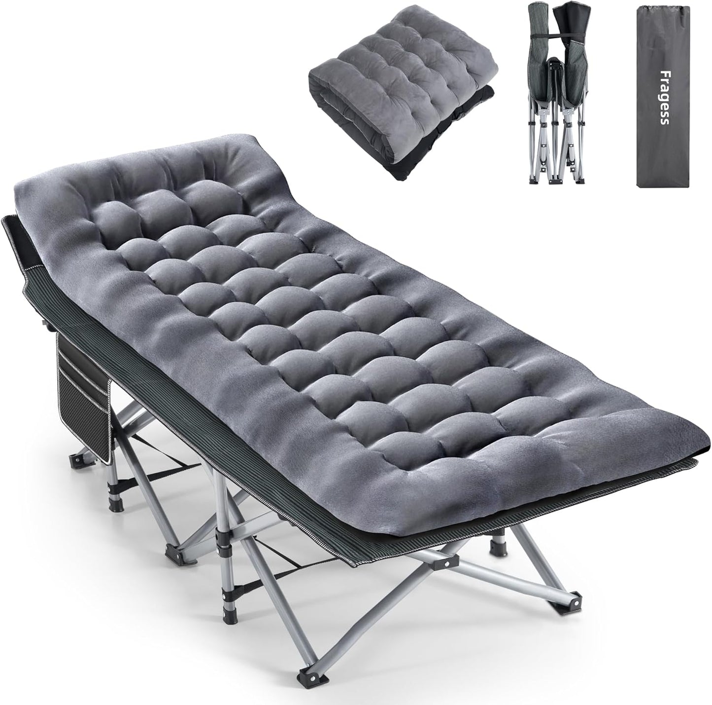 Fragess Camping Cot, Sleeping Cots for Adults, Portable Camping cots with Mattress, Pillow and Carry Bag, 1200D Double Layer Oxford, 600 LBS Weight Capacity Cots for Sleeping(Grey+Black)