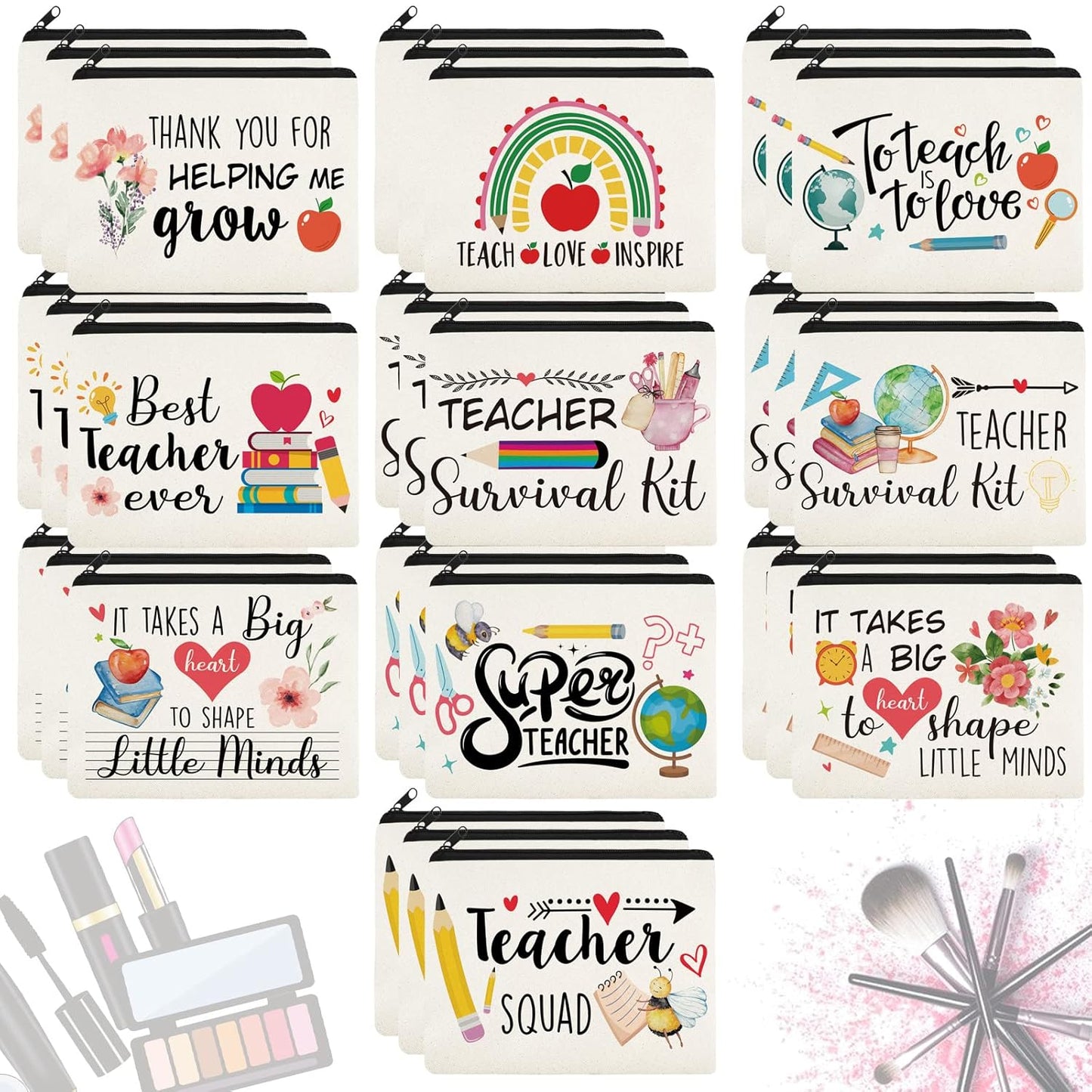 Irenare 30 Pcs Teacher Makeup Bag Graduation Cosmetic Bag Pencil Case Bags Travel Toiletry Canvas Pouch with Zipper for Teacher Appreciation Gift