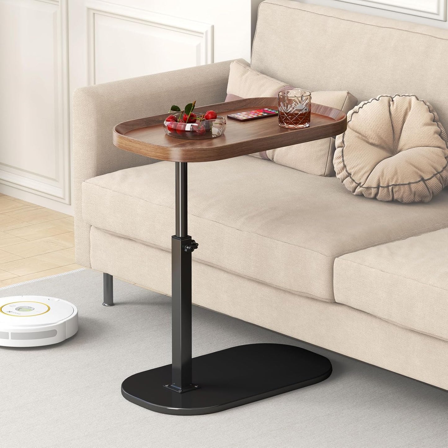 C Shaped Side Table Adjustable Height, 360°Swivel C Shaped End Table, Couch Side Tables That Slide Under, Small Coffee C Table End Table for Sofa\/Bed\/Bathtub, Rotating Elevate Tabletop (walnut)