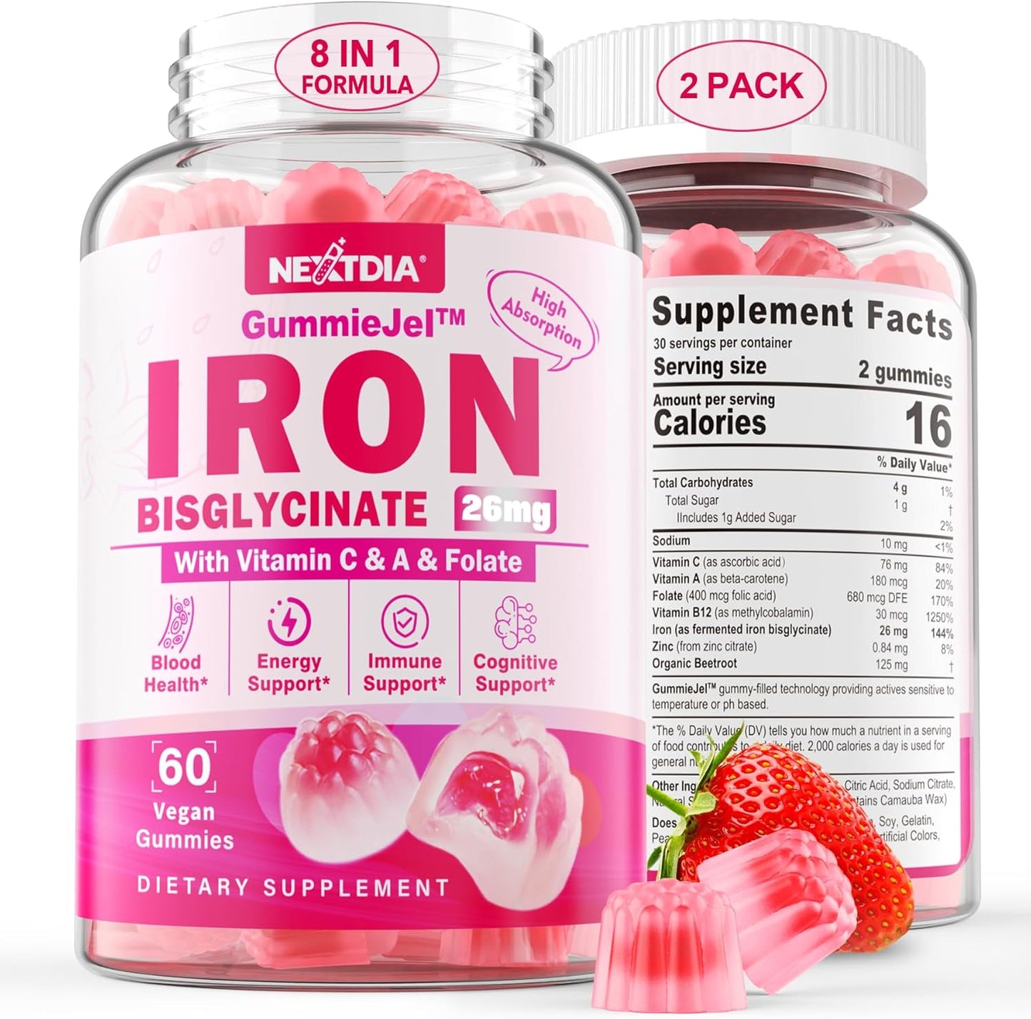 Iron Bisglycinate 26mg Filled Gummies- Gentle Beet Root Iron Gummy plus Vitamin C, Supplement Iron with B12 & Folate for Women & Men, Iron Deficiency, Immune & Energy Support, Sugar-Free, Vegan,120Cts