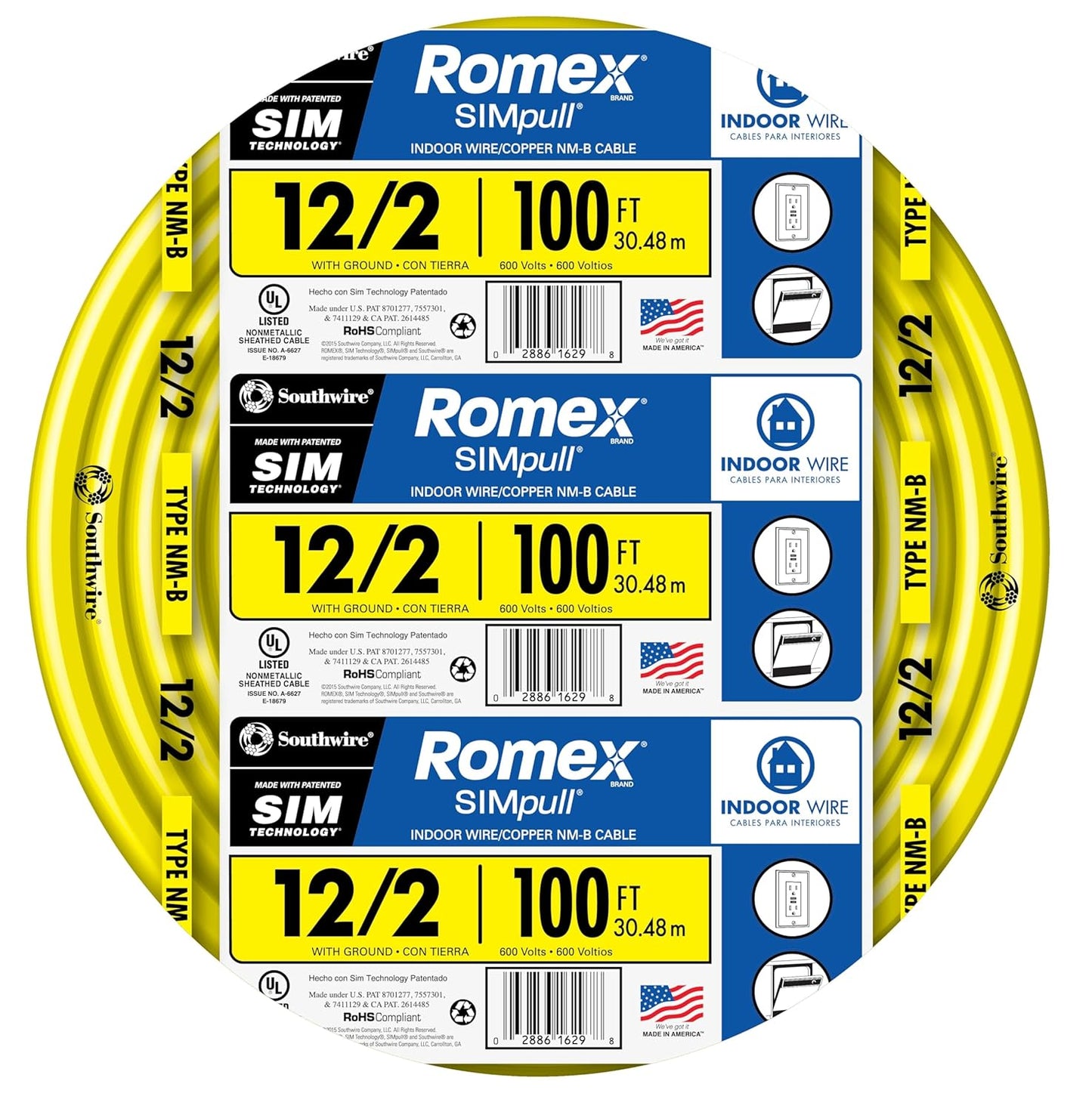 Southwire Romex Brand Simpull Solid Indoor 12\/2 W\/G NMB Cable 100ft coil - SW# 28828228