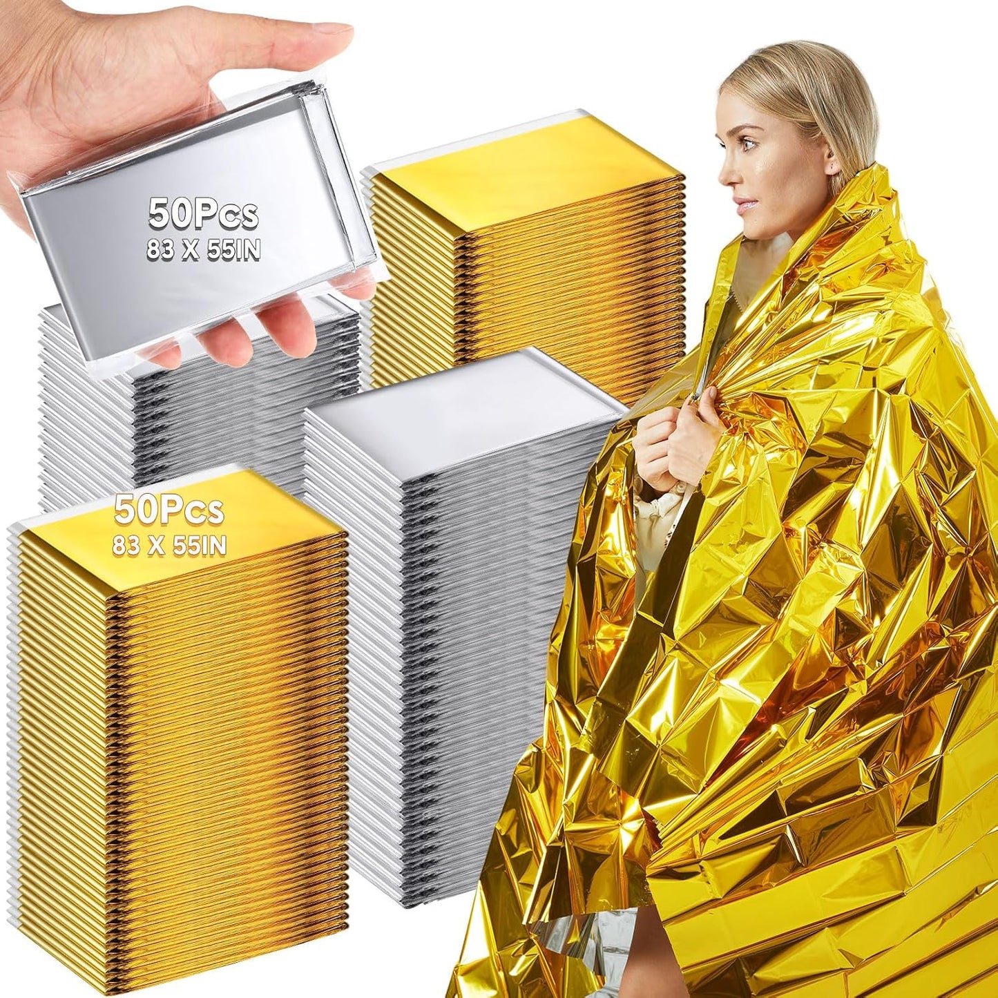 100 Pack Emergency Foil Thermal Blanket Bulk 83 x 55'' Waterproof Space Blanket First Aid Survival Blanket for Outdoors, Camping, Hiking, Homeless, First Aid, 50 Pc Silver 50 Pc Gold Silver