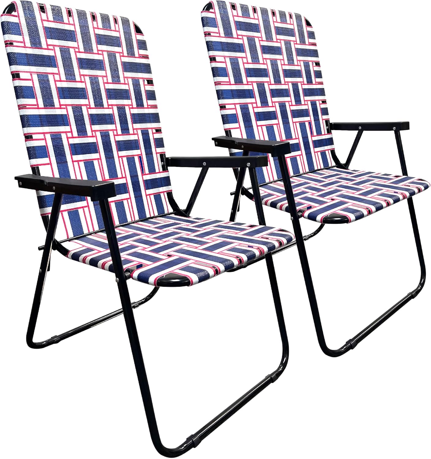 EasyGo Product Lawn Chair Folding Steel Webbing Chaise Patio Lounger Seat Wood Handles for Camping, Beach, Fishing, Backyard, Stadium, Pool, Boating, and Sports, 2 Pack Blue\/Red Stripes