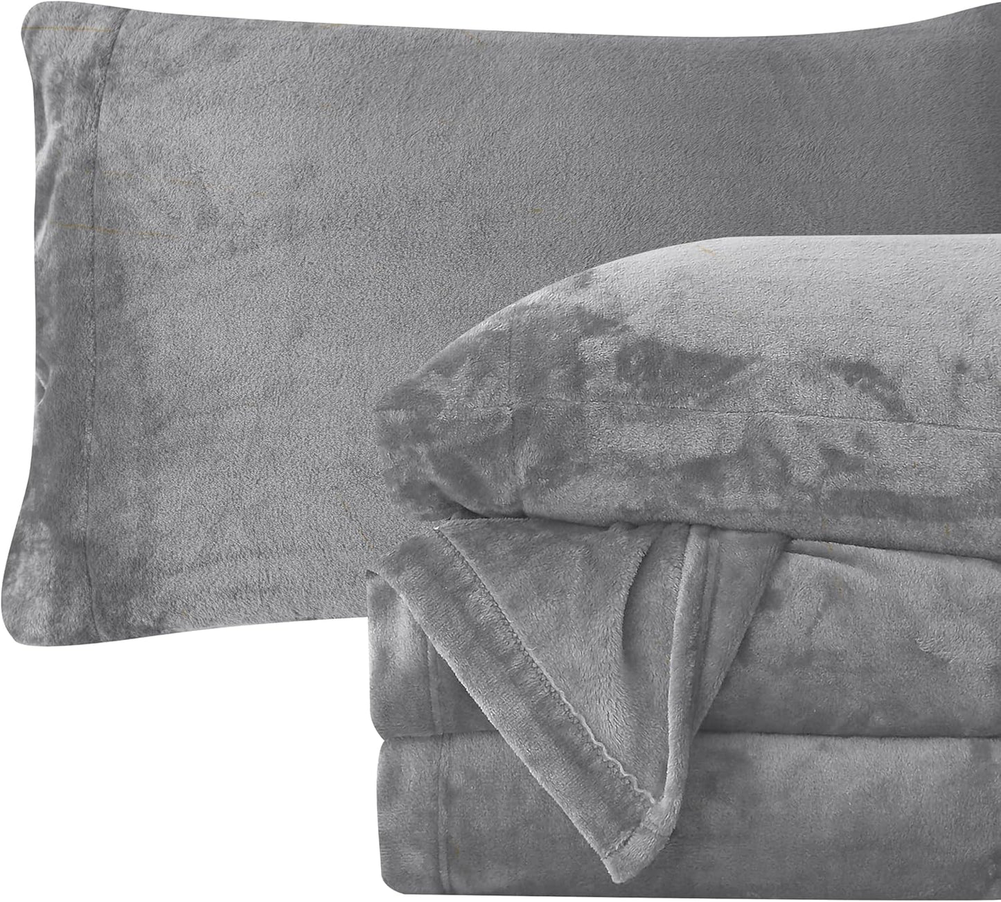 Elegant Comfort Luxuriously Soft 4-Piece Velvet Plush Flannel Sheet Set - Premium Quality - Cozy Warm, Anti-Static, Non Pilling Fuzzy Velvet Flannel Fleece Deep Pocket Sheet Set - Full, Gray