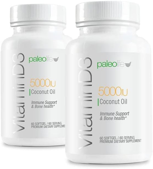 Premium Vitamin D3 5000 IU- New Formula: Paleo Life Vitamin D3 5000iu Premium High Potency with Coconut Oil - 60 Capsules. (2-Pack)