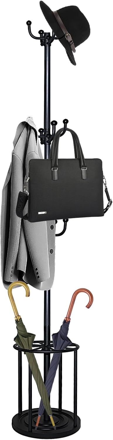 WeGXY Solid Coat Rack Freestanding, Coat Rack Stand with Umbrella Holder, Coat Tree, Coat Hanger Stand with 12 Hooks for Clothes Bag Hats, Used in Bedroom Office Living Room Entryway-Black