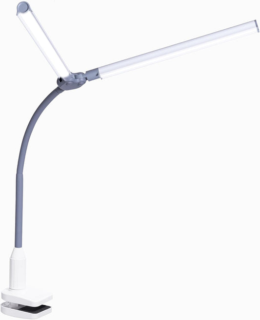 daylight DuoPro Clamp LED Lamp - 6,000K, 2,100 Lux at 12", 4 Brightness Levels, Anti-Glare Shades, Adjustable Arm, Slim Design, Perfect for Sewing, Reading, Crafts, Beauty Treatments - Grey\/White
