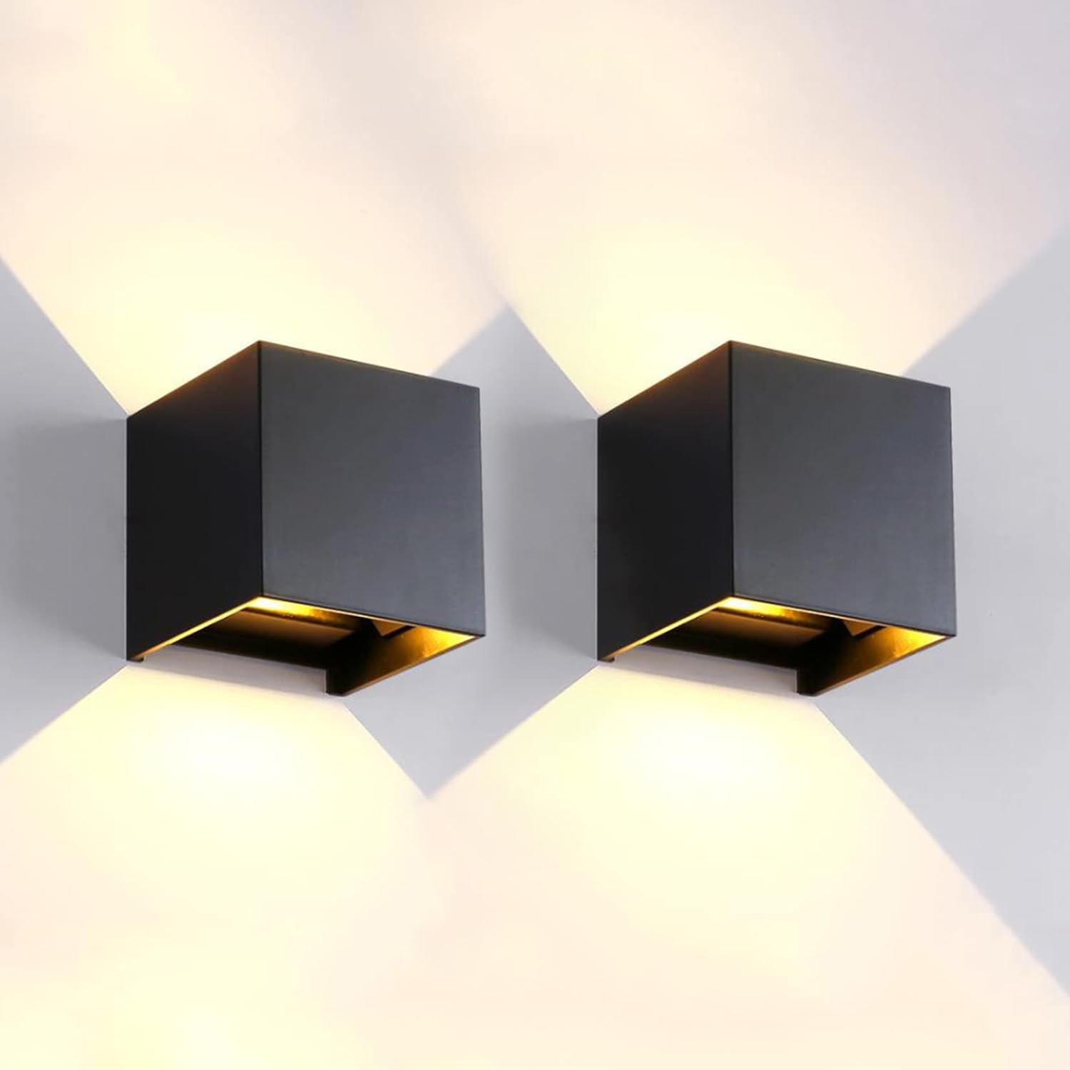 Mille Lucciole 2 Pack LED Outdoor Wall Lights Exterior\/Interior, Up and Down Lights IP65 Waterproof Wall Sconces, Square Aluminum Outdoor Wall Lighting Fixtures, Modern Black 12W 3000K Warm Lights