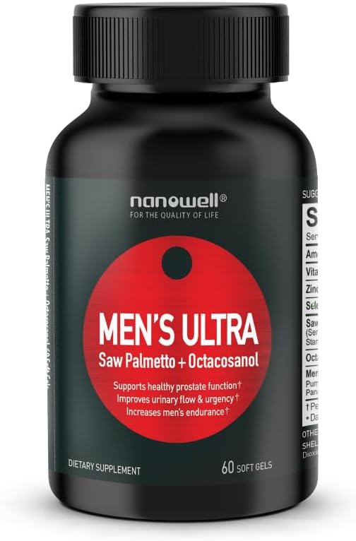 NANOWELL Men\u2019s Ultra Saw Palmetto + Octacosanol Supplement with Vitamin D3, Zinc, and Selenium - Supports Prostate & Overall Wellness - 60 Softgels, 60 Day Supply