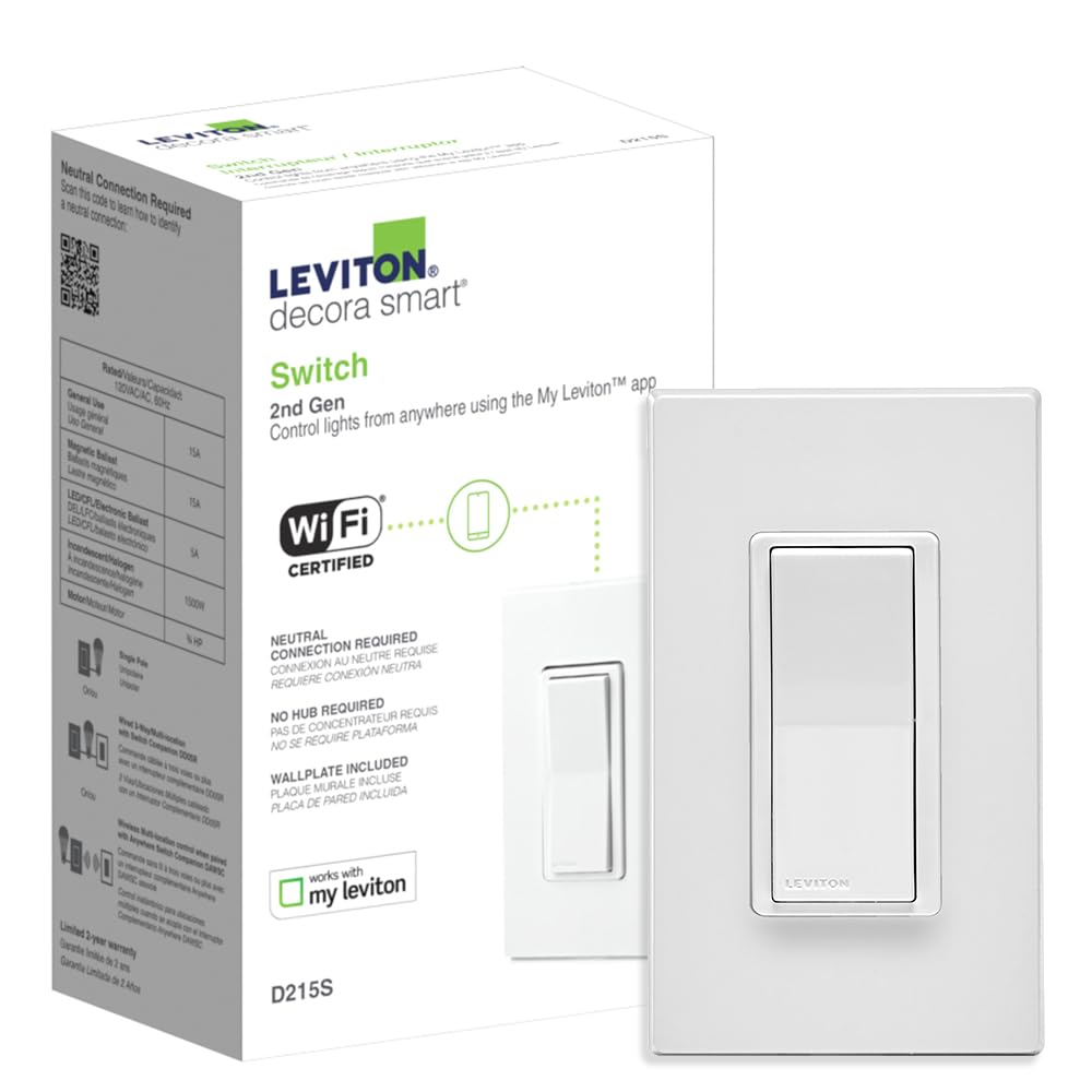 Leviton Decora Smart Switch, Wi-Fi 2nd Gen, Neutral Wire Required, Works with Matter, My Leviton, Alexa, Google Assistant, Apple Home\/Siri & Wired or Wire-Free 3-Way, D215S-2RW, White
