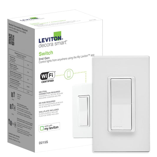 Leviton Decora Smart Switch, Wi-Fi 2nd Gen, Neutral Wire Required, Works with Matter, My Leviton, Alexa, Google Assistant, Apple Home\/Siri & Wired or Wire-Free 3-Way, D215S-2RW, White