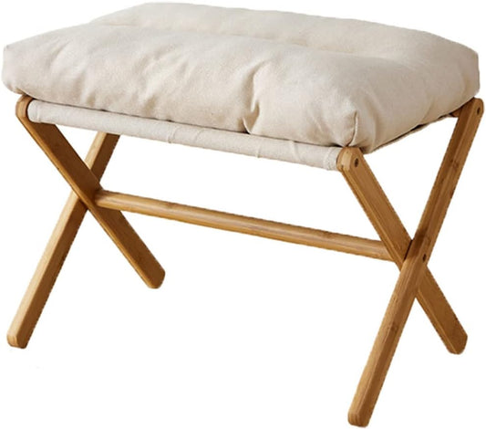 Baveke Folding Upholstered Footrest Stool, Small Accent Ottoman with Thick Cotton Cushion & Bamboo X Legs, Modern Padded Sofa Stool for Makeup Bedroom Living Room (Beige)