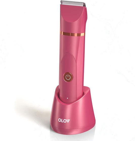 OLOV Electric Body Hair Trimmer - Groin Trimmer for Men - Bikini Trimmer Women - Wet\/Dry Shaver Groomer, Replaceable Ceramic Blade Heads, USB Recharge Dock, Waterproof Hygiene Razor, Red
