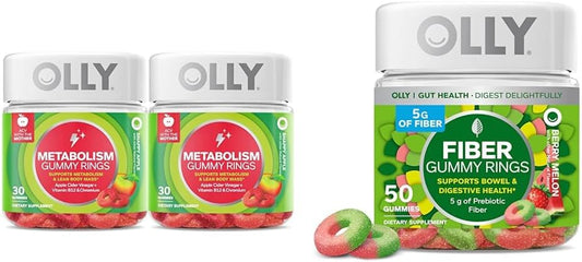 OLLY Metabolism & Fiber Gummy Rings Twin Pack, Apple Cider Vinegar, Vitamin B12, Chromium, Prebiotic Fiber, 60 Count Metabolism & 50 Count Fiber