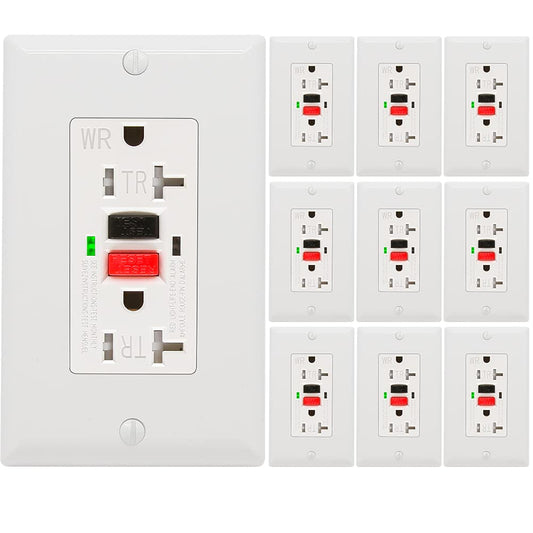 10 Pack - POWAWINI GFCI Outlet 20 Amp, UL Listed, Self-Test GFI Receptacles, TamperResistant, Weather Resistant, LED Indicator, with Decor Wall Plates and Screws, Indoor or Outdoor Use (Red\/Black)
