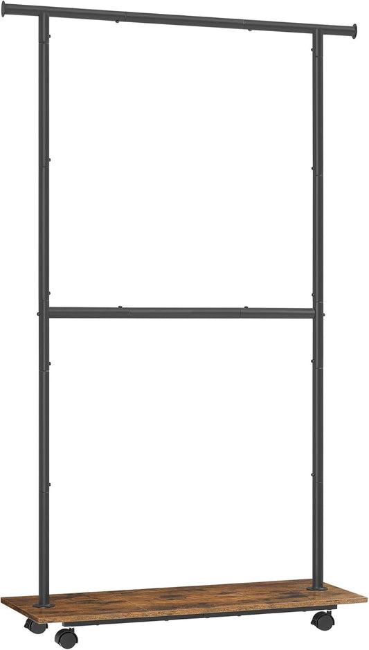 SONGMICS Clothes Rack with Wheels, Middle Rod Clothing Rack for Hanging Clothes, 38.8 Inches Garment Rack with Shelf, Height Adjustable, Loads up to 121 lb, Rustic Brown and Ink Black UHSR153B01