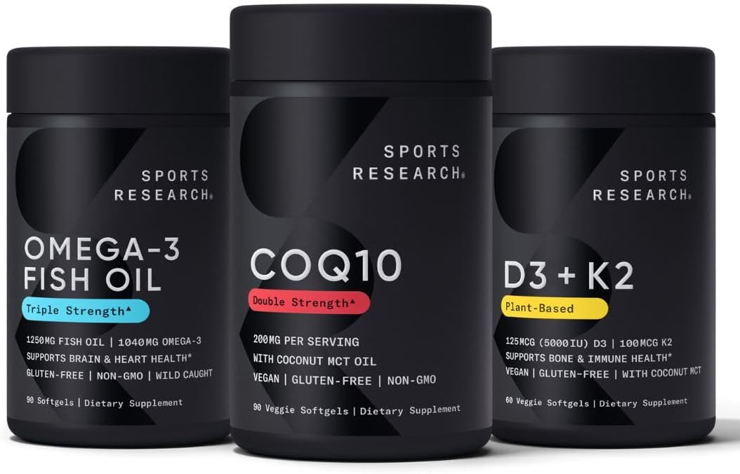 Sports Research 1250 mg Omega 3 Burpless Fish Oil from Single-Source Wild Alaskan Pollock, CoQ10 (200mg) Enhanced w/Coconut MCT Oil for Better Absorption and 5000iu Vitamin D with 100mcg Mk7 Vitamin K