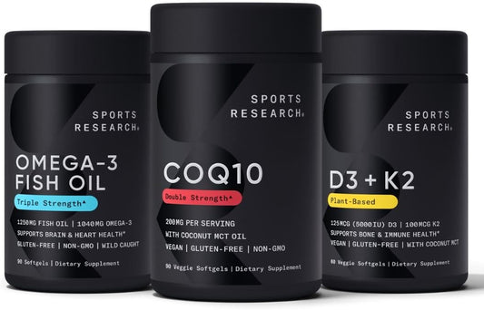 Sports Research 1250 mg Omega 3 Burpless Fish Oil from Single-Source Wild Alaskan Pollock, CoQ10 (200mg) Enhanced w/Coconut MCT Oil for Better Absorption and 5000iu Vitamin D with 100mcg Mk7 Vitamin K