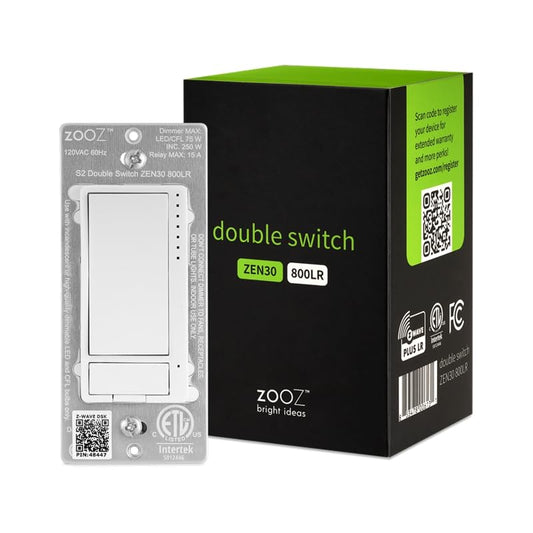 Zooz Z-Wave Long Range Double Switch (White) ZEN30 800LR for Fan and Light Combo (NO Speed Control), Hub Required (Works with Home Assistant, Hubitat, Wink, SmartThings, Z-Box Hub)