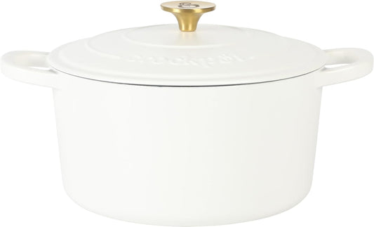Crock Pot Artisan 6-Quart Round European Enameled Dutch Oven Pot With Lid - Matte Linen White w\/Gold Knob