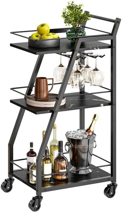 YATINEY Bar Cart, Bar Carts for The Home, Small Bar Cart on Wheels, Beverage Cart, Home Bar Serving Cart with Glass Holder, Drink Cart for Bar, Kitchen, Dining, Marble Black and Black BC03BM
