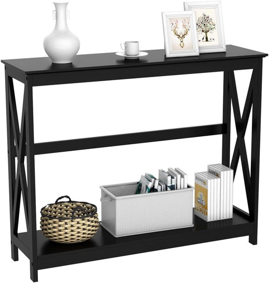 Yaheetech Console Table for Entryway, 2 Tier Entryway Table Bookshelf Accent Table w\/Storage Shelf Living Room Entry Hall Foyer Table Furniture, Black,X-Design