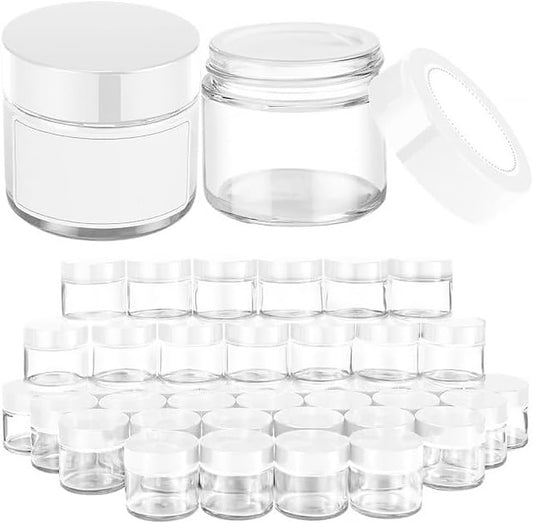 2 oz Glass Jars with Lids, 48 pack Clear Round Small Containers with White Lids, Blank Labels & Inner Liners, Empty Cosmetic Containers for Sample, Powder, Cream, Lotion