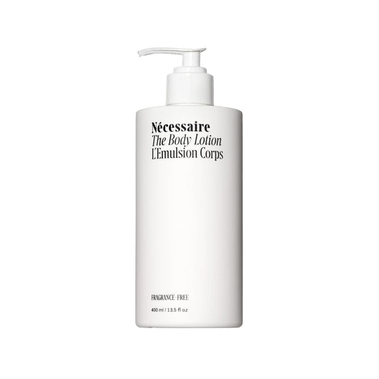 Nécessaire The Body Lotion Fragrance-Free. Firming Body Lotion for Women & Men. 48 Hour Moisture. 5 Peptides, 2.5% Niacinamide, Vitamin C\/E + Omega 6\/9. Non-Comedogenic. 13.5 fl oz.