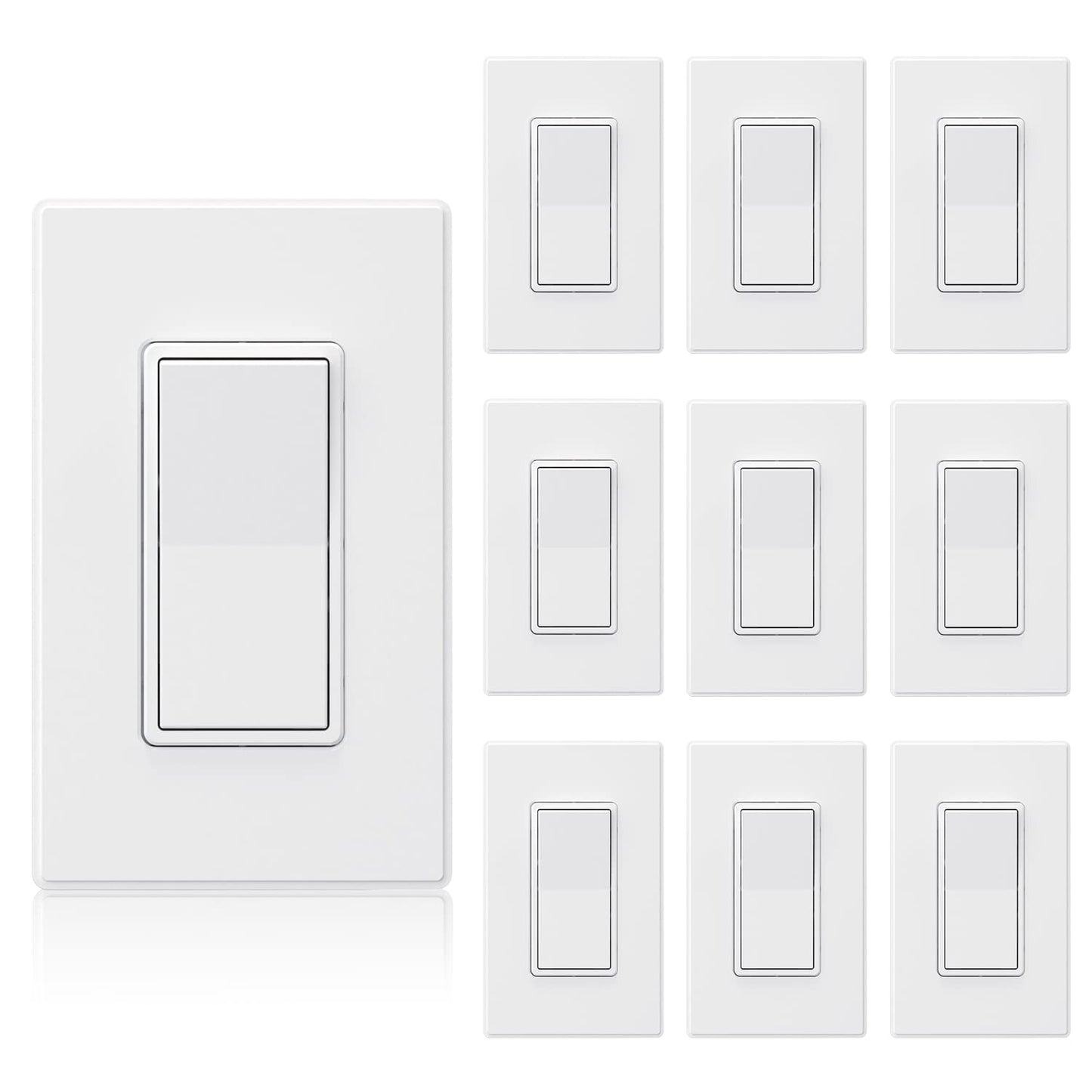 ELEGRP Matte White Single Pole Decorator Light Switch 15Amp, 120\/277V, Paddle Rocker Replacement, On\/Off Wall Switch, Self-Grounding, Residential Grade, w\/Wall Plate, UL\/CUL (10 Pack)