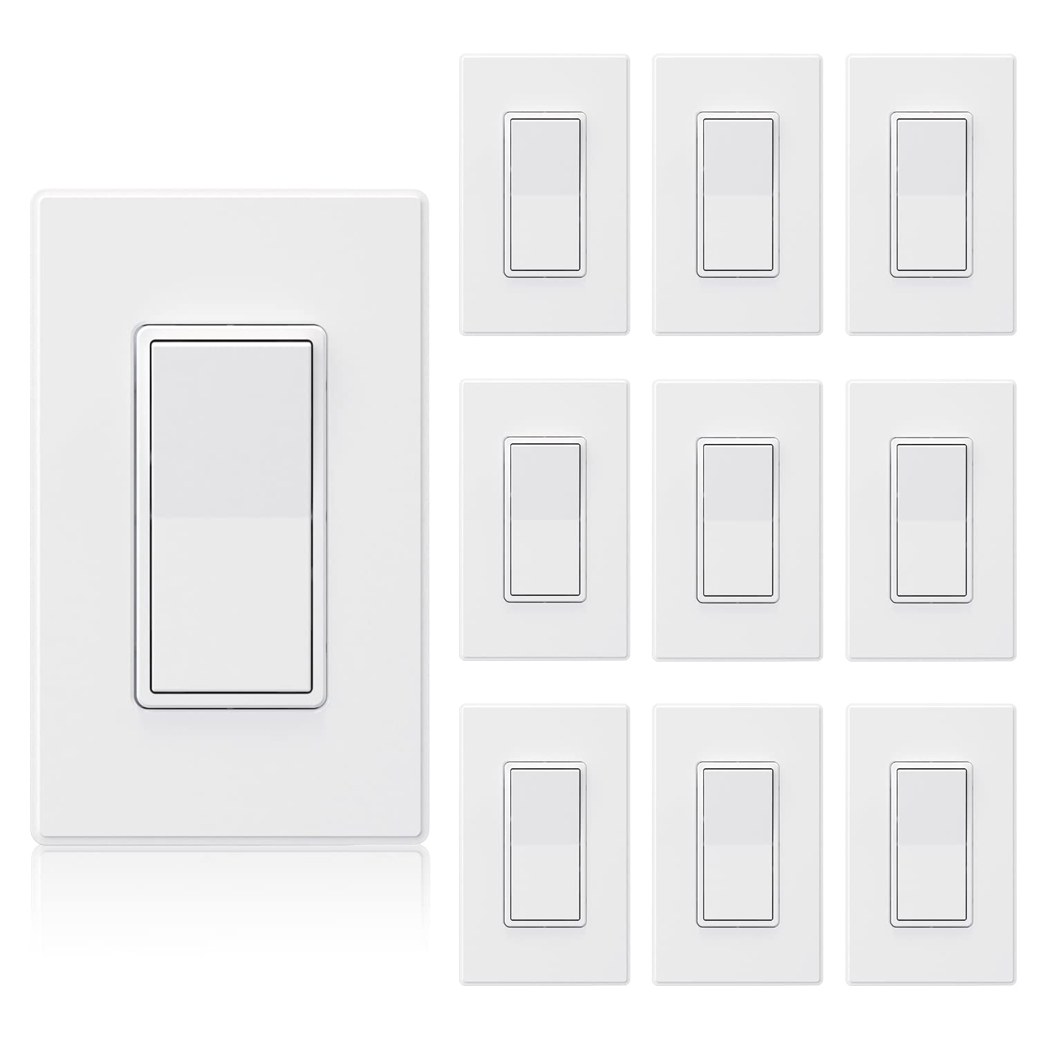 ELEGRP Matte White Single Pole Decorator Light Switch 15Amp, 120\/277V, Paddle Rocker Replacement, On\/Off Wall Switch, Self-Grounding, Residential Grade, w\/Wall Plate, UL\/CUL (10 Pack)