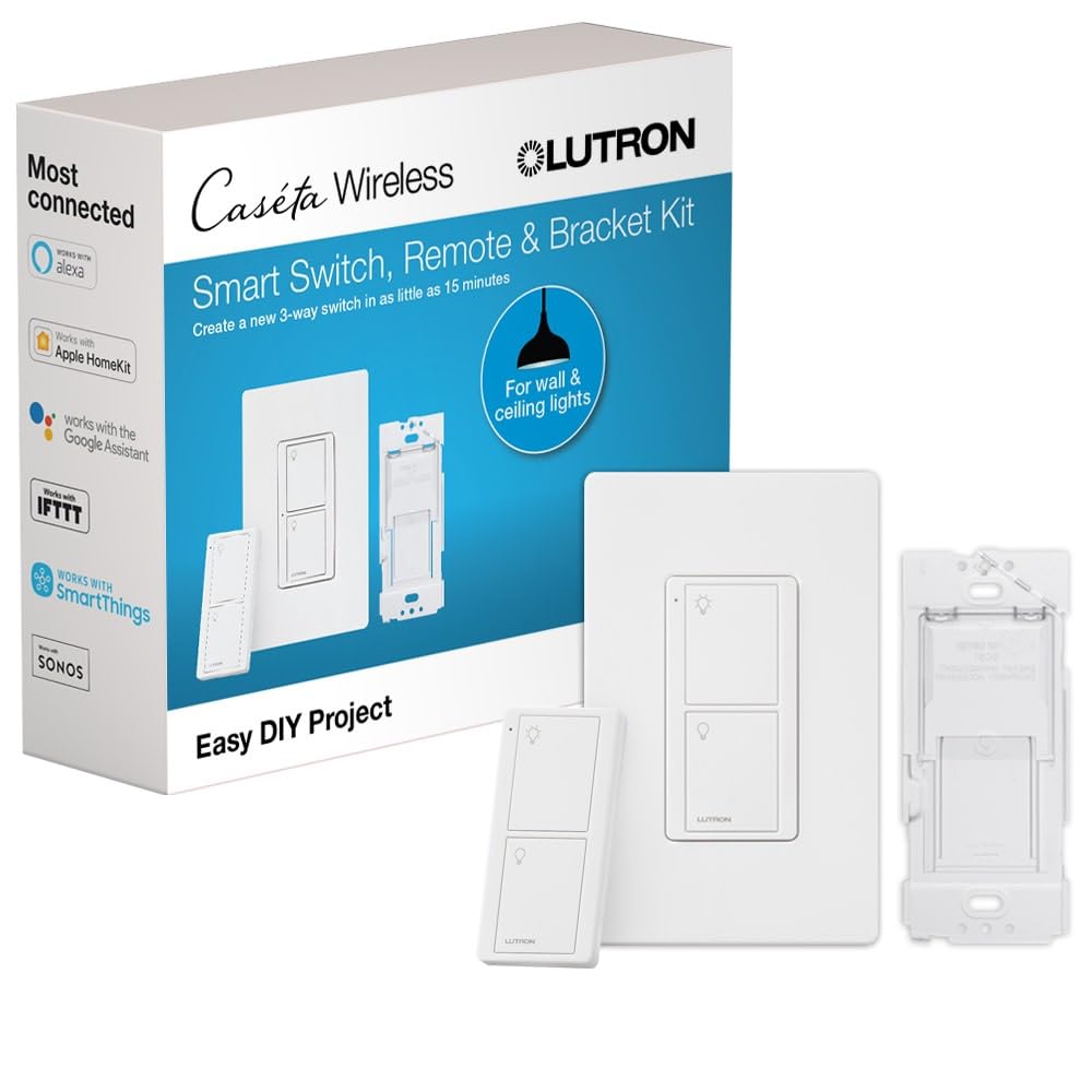 Lutron Caseta Smart Lighting Kit w\/ Original Switch, Pico Remote, Wallplate, and More, for Light Bulbs, Works w\/ Alexa, Apple Homekit, Google Home (Hub Required), 5A, Neutral Required, P-PKG1WS-WH