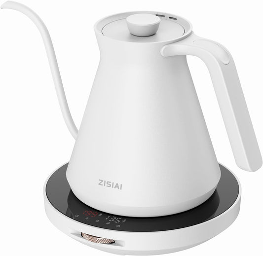 ZISIAI Gooseneck Electric Kettle, Electric Tea Kettle,Goose Neck Kettle Pot with AI Control, Stainless Steel Inner, Quick Heating, for Pour Over Coffee, Brew Tea,0.7L White