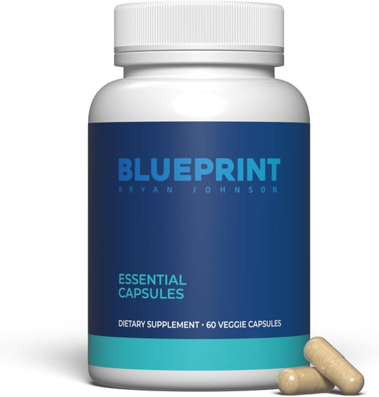 Blueprint Bryan Johnson Essential Capsules - Daily Multivitamin/Multimineral for Women and Men - Antioxidant Supplement with Calcium, Vitamin B1, Vitamin D, and Zinc - Vegan and Non GMO (30 Servings)