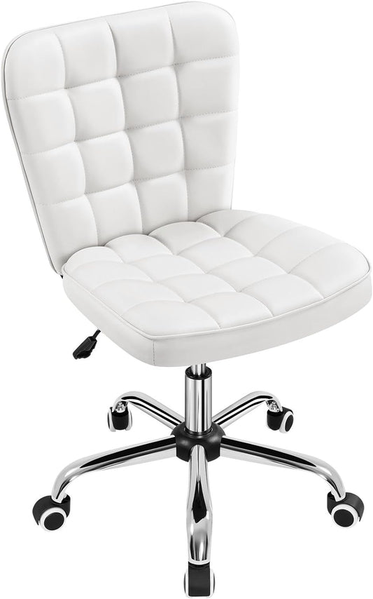 Yaheetech Armless Desk Chair Modern Tufted Office Chair Faux Leather Upholstered Computer Chair with Adjustable Seat Height and Rolling Wheels for Home\/Office, White