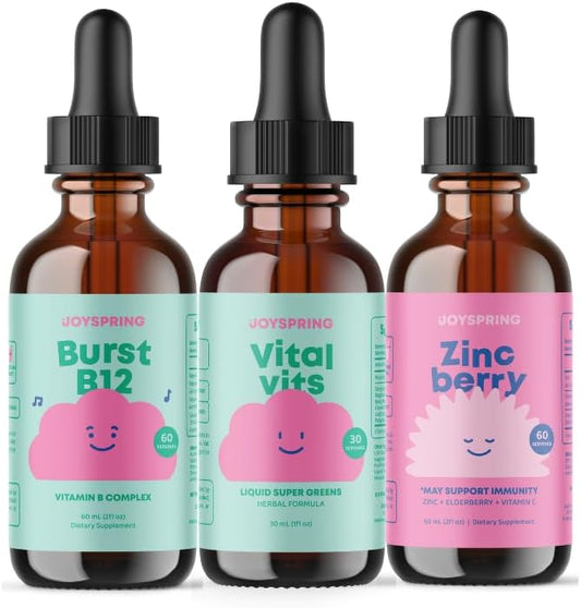 JoySpring Vital Vits, Burst B12 & Zincberry Supplement Set - Natural Daily Herbal Drops - Fill in Dietary Gaps - Back to School Bundle - Help Boost Energy and Immune Function - Comes in Convenient Li
