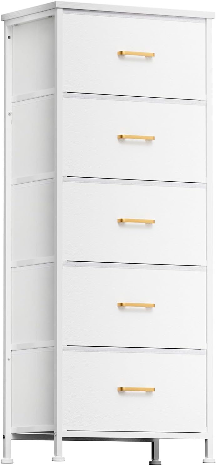 YILQQPER Tall Dresser with 5 Drawers, White Dresser for Bedroom, Tall Storage Tower for Closet, Nursery, Dorm, Dresser Organizer with Sturdy Steel Frame, Fabric Bins, Leather Finish, Wood Top, White