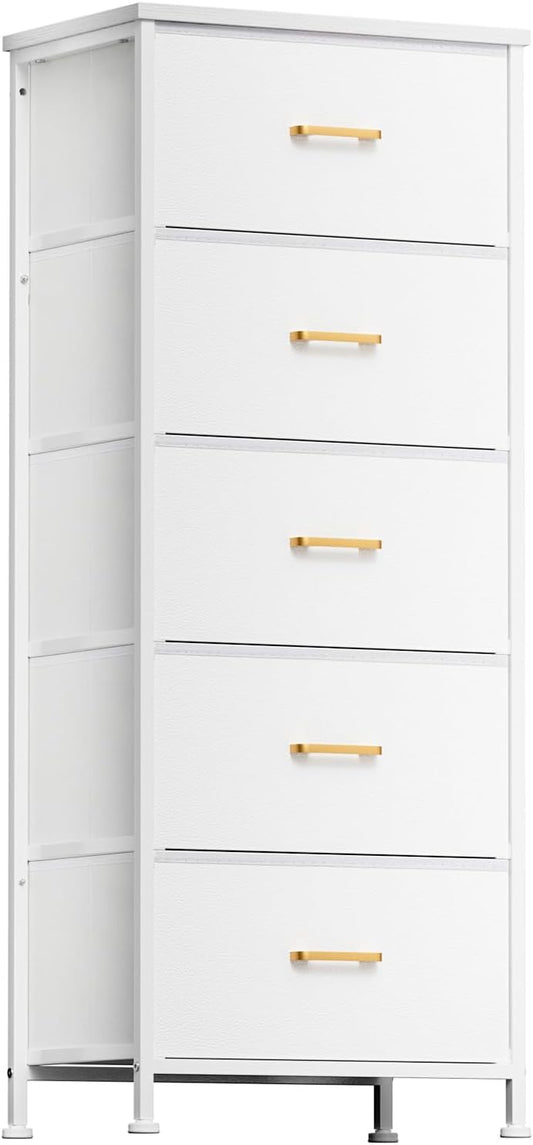 YILQQPER Tall Dresser with 5 Drawers, White Dresser for Bedroom, Tall Storage Tower for Closet, Nursery, Dorm, Dresser Organizer with Sturdy Steel Frame, Fabric Bins, Leather Finish, Wood Top, White