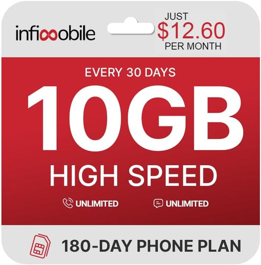 $12.6\/Month | Infimobile Prepaid Unlimited Plan: 6 Months | 10GB High-Speed Data Per Month | Unlimited Data Talk & Text | Prepaid Plan Service SIM Card | Nationwide Coverage | 4G, 5G Network